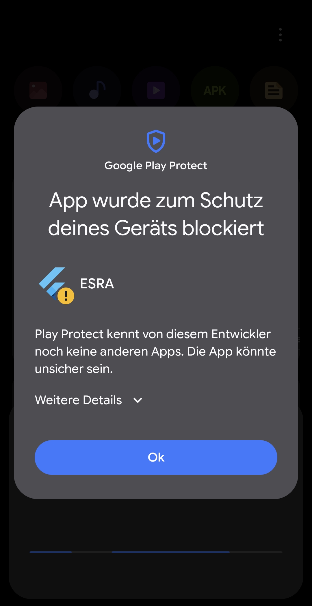 Android-Hinweis von Google Play Protect mit dem Link Weitere Details